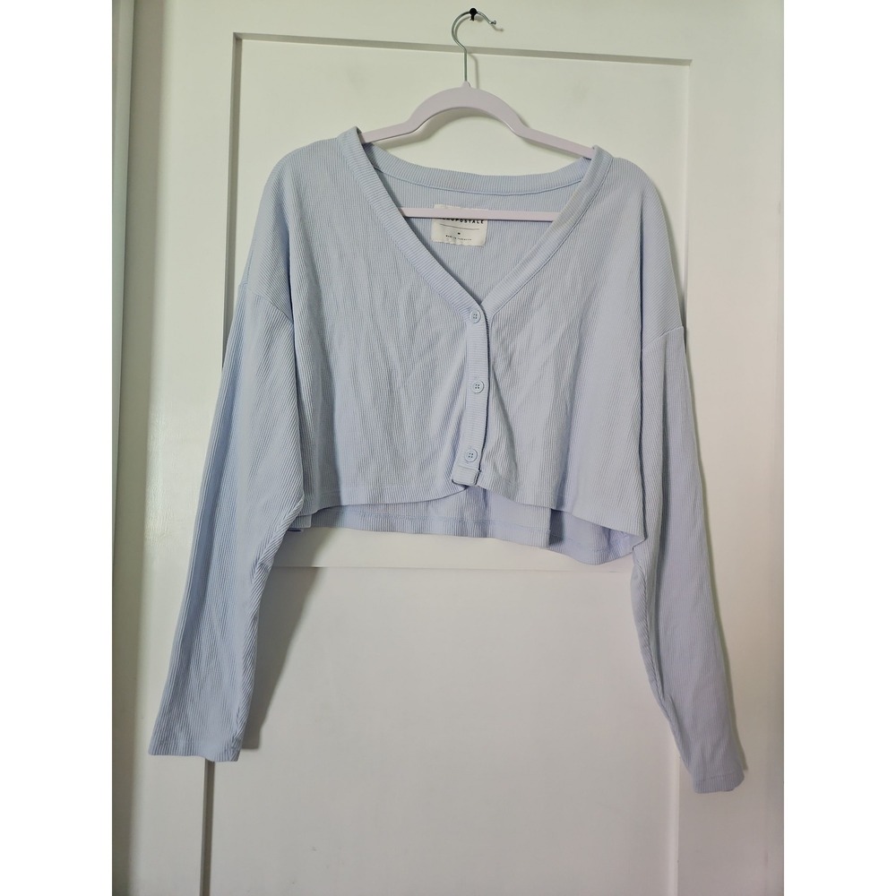 Aeropostale Cropped Cardigan Sweater Medium M Baby Blue Thermal Waffle Knit